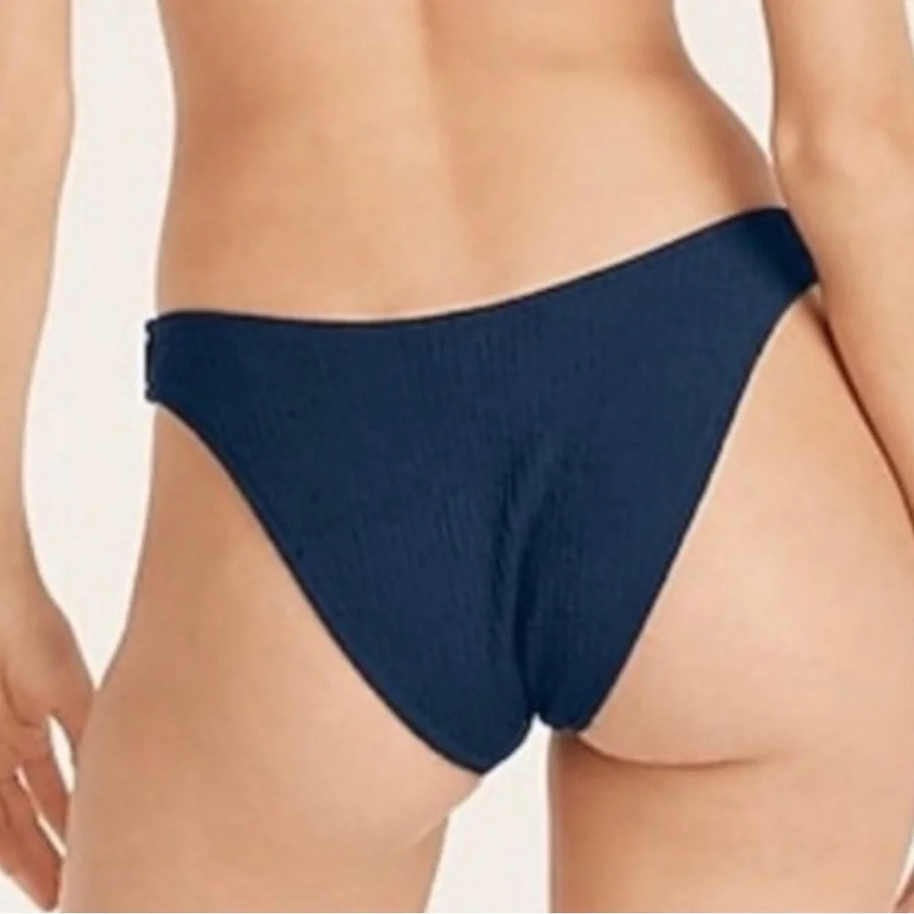 J Crew Textured Curved Waist Cheeky Bikini Bottom BC050 Navy Blue‎